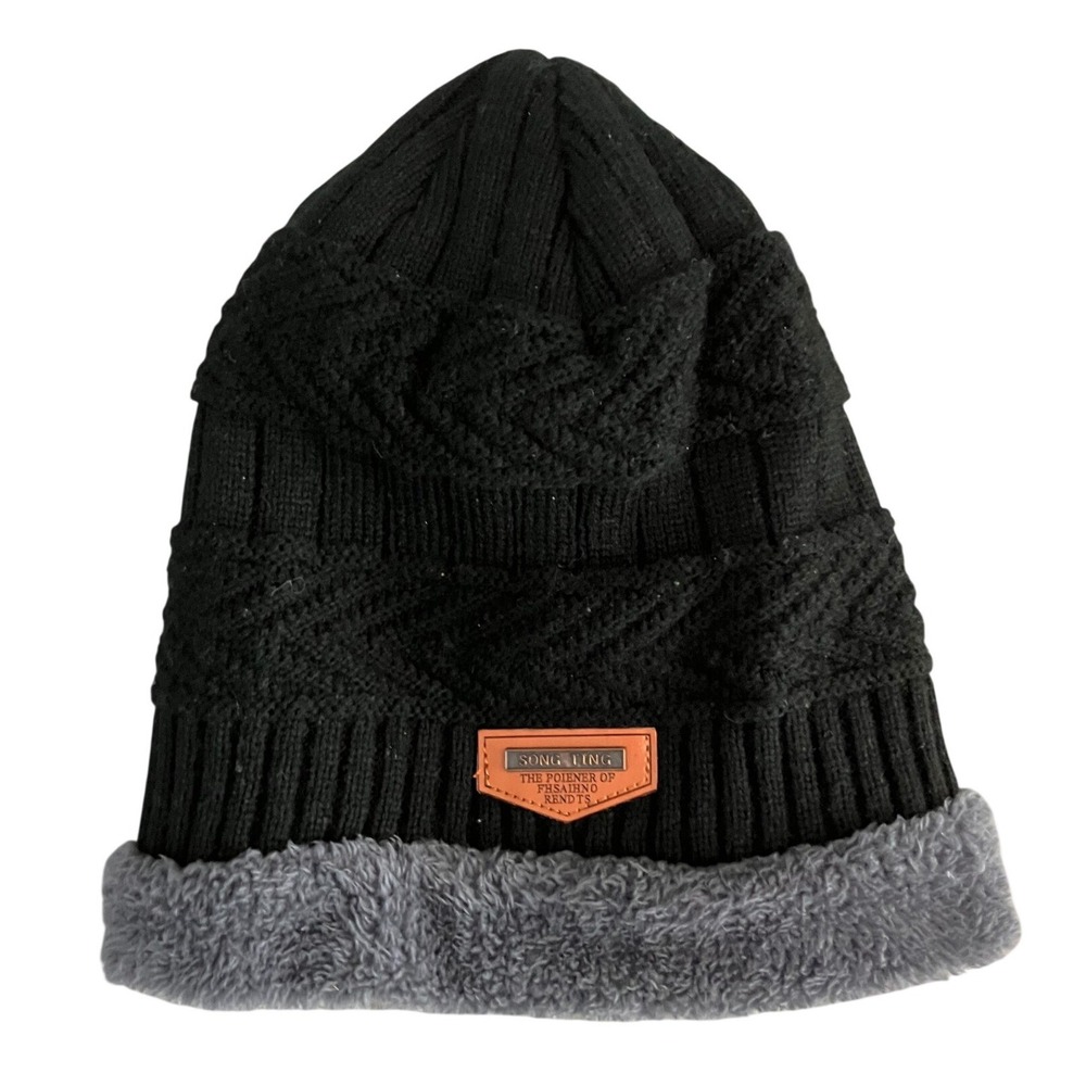 Song Ting Black Knit Beanie Hat with Sherpa Lining Winter‎ Warm Fashion